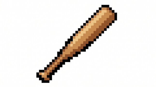 8-bit pixel art of a classic wooden baseball bat sports game asset isolated on white.