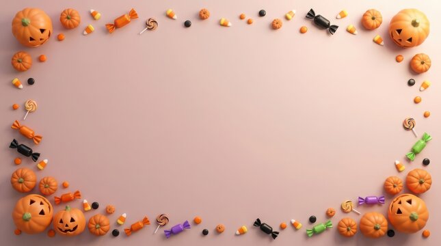 Halloween pumpkins and candy scattered on pink background illustration