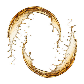 Two sculpted arcs of rich translucent amber liquid, like whiskey, mid-explosion with microscopic droplets, on infinite white backdrop, copy space. Concept for beverage advertising