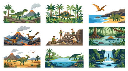 Dinosaur scenes set with cute prehistoric creatures and landscape. © SABIKUNNAHAR