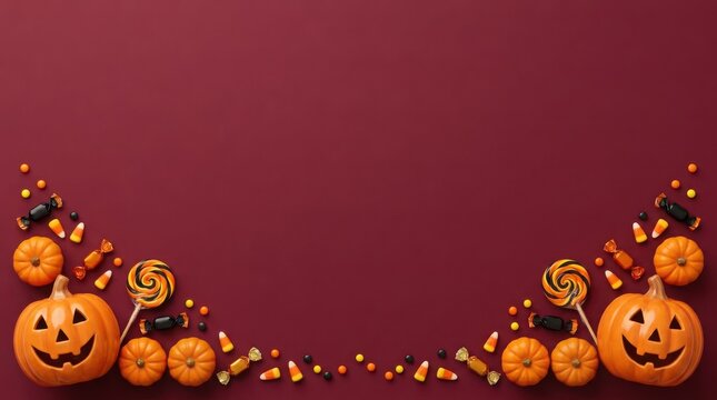 Halloween pumpkins with lollipops and candy on dark purple background illustration