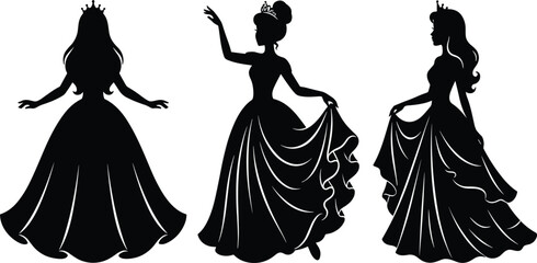 Princess Silhouettes Vector Set Featuring Elegant Royal Queens and Princesses in Ball Gowns Crowns and Flowing Dresses for Fairy Tale Graphic Designs © MdSohanurRahman
