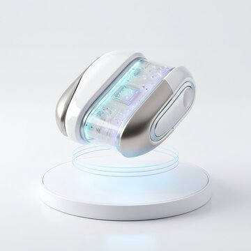 Futuristic white and silver tech gadget hovering over a glowing circular light display platform with technology floating platform transparent