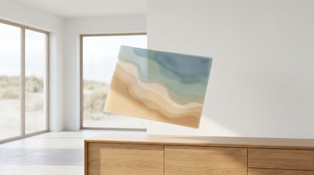 Minimalist beachcomber chart artwork displayed in a bright modern living room interior with a wooden sideboard