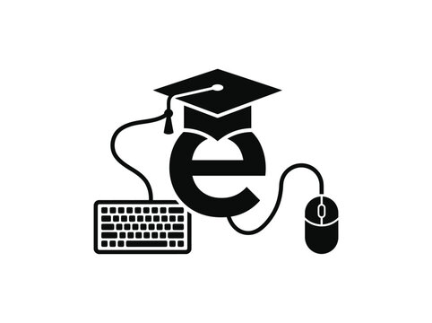 E-learning online education logo concept with letter e wearing graduation cap connected to keyboard and mouse vector illustration isolated on white background.