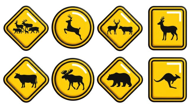 Collection of yellow traffic warning signs with animal silhouettes including deer moose bear cow kangaroo and wild boar for road safety
