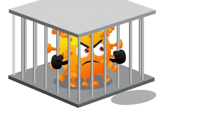 Angry cartoon virus cell shaking metal cage bars trapped inside