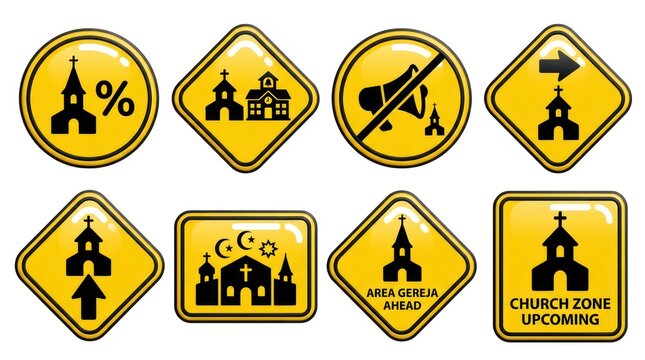 Set of yellow road warning signs featuring church zone ahead quiet area and religious building icons for traffic and urban planning