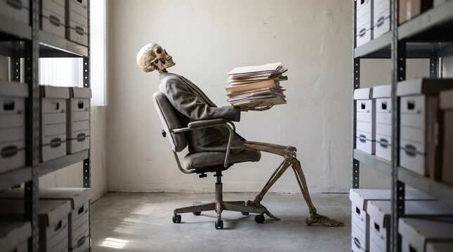 Skeleton worker buried by work in archive, poor work-life balance, a halloween life warning.