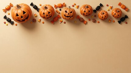 Fototapeta premium Row of carved jack o lantern pumpkins and assorted colorful candies on a light beige background, for halloween holiday, celebration concepts