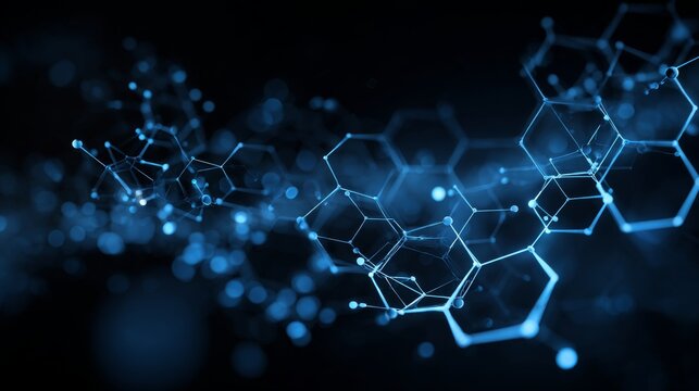 Blue hexagons and glowing connected lines abstract science background with futuristic molecular structure, digital network, scientific research, biotechnology, chemistry, medical technology, laborator
