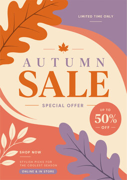 Autumn Sale Poster Template with Abstract Shapes, Leaves and Seasonal Retail Discount