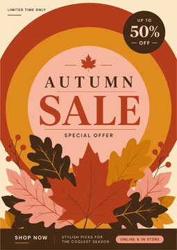 Autumn Sale Poster Template with Circular Background and Decorative Fall Foliage