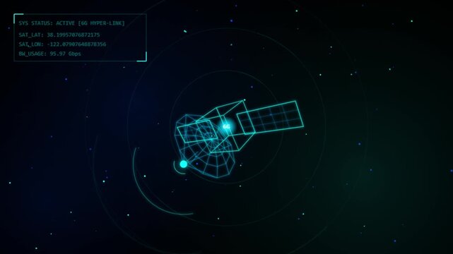 Digital 6g satellite monitoring interface displaying global connection data in space.