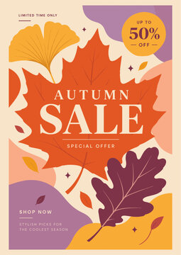 Autumn Sale Poster Template with Botanical Panels and Seasonal Discount Promotion