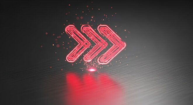 Futuristic glowing red neon triple arrow symbol on a dark textured surface with bokeh particles and reflection