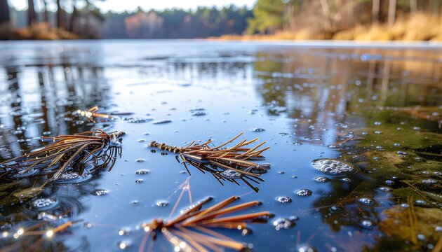 Frozen lake with pine needles and ice bubbles in winter landscape