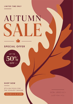 Autumn Sale Poster Template with Curved Botanical Shapes and Warm Seasonal Discount Message
