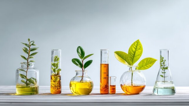 Natural skincare and organic plant extract research with scientific laboratory equipment, pharmaceutical cosmetics development, healthcare research and development, botanical ingredients, and advanced