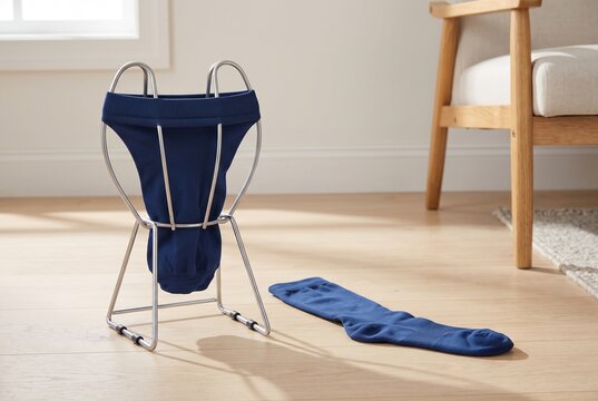 Compression sock donning aid beside a supportive chair