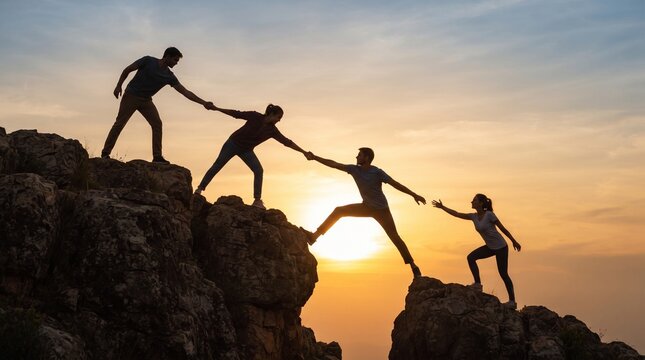 Teamwork and collaboration people helping each other climb mountains at sunset