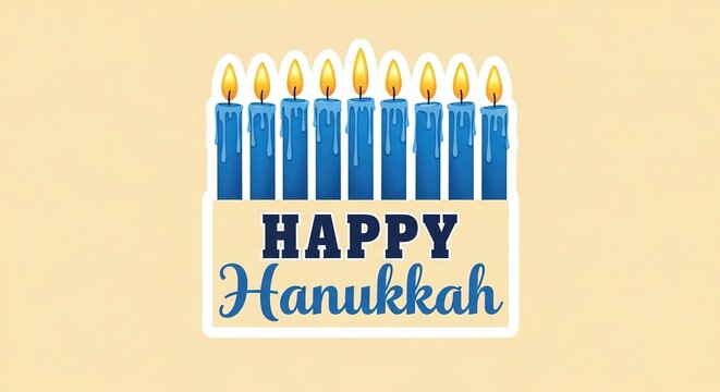 Hanukkah menorah candles and greeting text vector illustration. Blue wax tapers with glowing flames. Happy Hanukkah typography sign. Holiday sticker design for winter seasonal celebrations