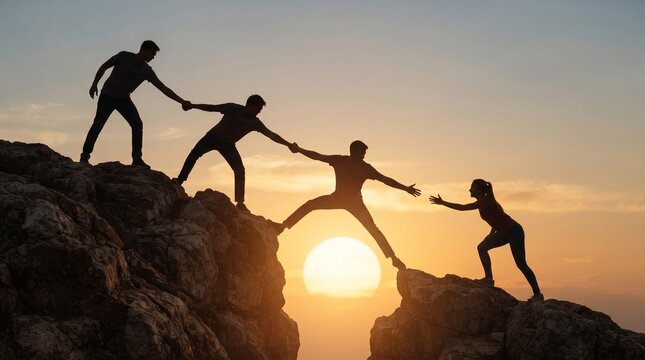 Silhouettes of a team helping each other climb a mountain during a beautiful sunset