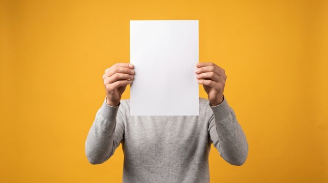 Person holding a blank white paper in front of their face against a yellow background