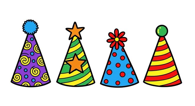 Birthday hat vector illustration set. Featuring colorful party hats with stars stripes polka dots and pom poms. Festive headwear graphic design elements for celebrations and events