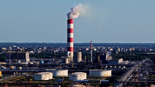 Aerial view of ORLEN Plock Production Plant with its iconic red and white striped chimney emitting smoke, surrounded by industrial tanks and pipes in Plock, Mazowieckie, Poland.