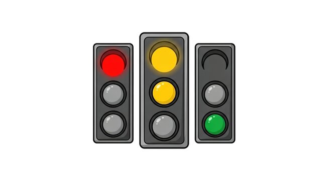 Traffic light vector illustration set. Features red, yellow, and green signal lamps showing stop, caution, and go states. Clean cartoon design for road safety and transportation concepts.