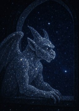 Celestial gargoyle under starlit sky.