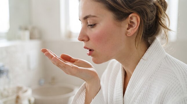 Young woman in bathrobe checking her breath in the bathroom