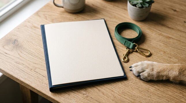 Blank pet photo frame on a wooden table with a dog leash and paw