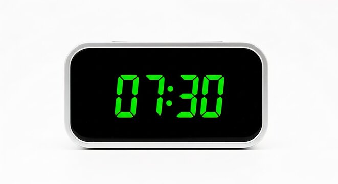 Digital alarm clock showing time seven thirty. Electronic timepiece with bright green LED numbers. Modern bedside device isolated on white background for productivity and schedule planning projects