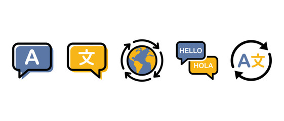 Language translation and global communication icon set with speech bubbles and globe speech bubble translation language communication collection multilingual international alphabet © Romzain