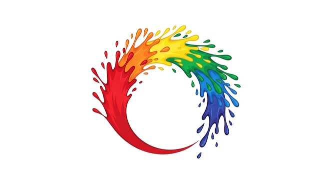 Rainbow color paint splash circular ring vector illustration. Dynamic liquid swirl vortex shape. Vibrant red orange yellow green and blue fluid drops on white background for creative projects