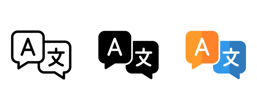 Language translation icon set in outline black and colorful flat styles with speech bubble translation language collection colorful communication multilingual international alphabet