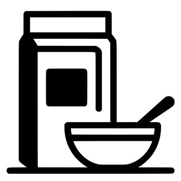 Breakfast Cereal Box with Bowl and Spoon Black and White Vector Silhouette Icon