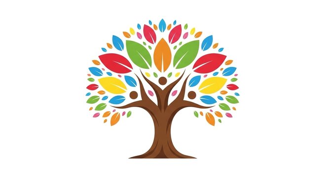 Community tree and teamwork concept vector illustration. Human figures forming branches with colorful leaves. Diversity and inclusion symbol. Corporate branding and HR presentations