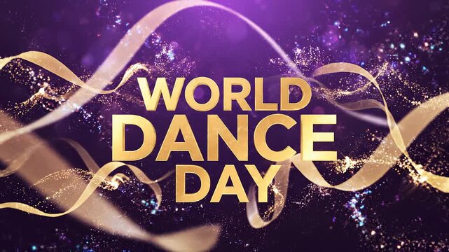 Elegant Golden Ribbons Celebrating International Dance Day with Artistic Sparkles and Festive Glowing Purple Background Illustration
