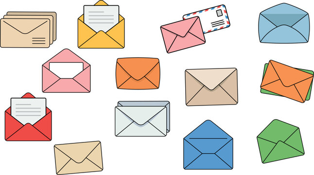 Set of colorful envelope illustrations featuring open, closed, stacked and letter-filled mail icons for postal, communication and stationery design