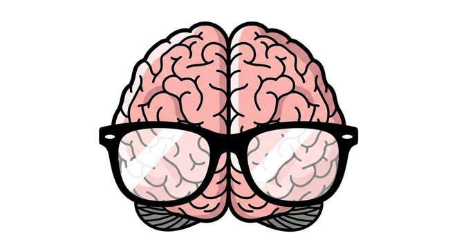 Human brain wearing black glasses vector illustration. Pink cerebral cortex anatomy and thick spectacles. Educational clipart for psychology science and intellectual learning concepts