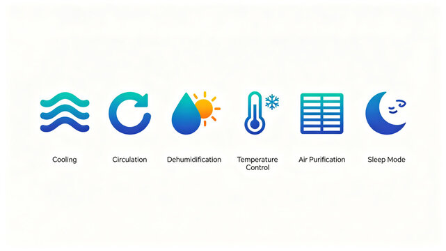 Air conditioning operation function icon, refrigeration cycle humidity control, temperature control, purification sleep, suitable for intelligent air conditioning UI interface, e-commerce details.
