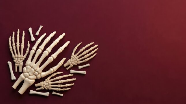 Human skeleton hands and scattered finger bones arranged on a dark red background, view of anatomical models for halloween themes