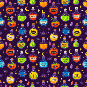Seamless pattern with colorful magic potion bottles and Halloween elements on dark purple background.