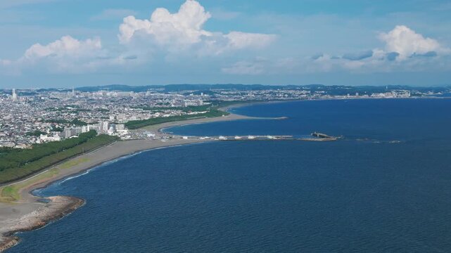 Aerial Wide Shot of Chigasaki Ocean Coastline and Eboshi Iwa Rock Formation