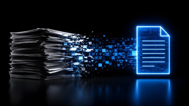 3D render of a physical paper stack disintegrating into digital particles and transforming into a glowing neon document icon, representing digital transformation and paperless data management