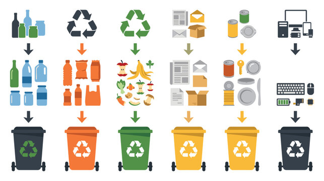 Waste management infographics showing trash sorting into recycle bin.