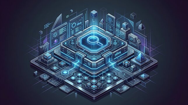 Futuristic Isometric Big Data Analytics Search Engine and Cyber Information Processing Hub Concept